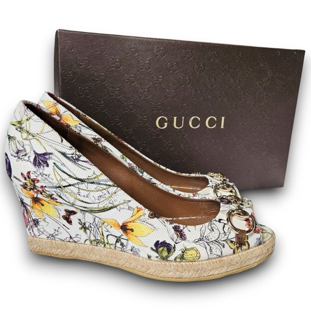 Gucci Flora Horsebit Canvas Espadrille Peep Toe Wedges Size EU 36 / US 5.5 - Picture 14 of 14
